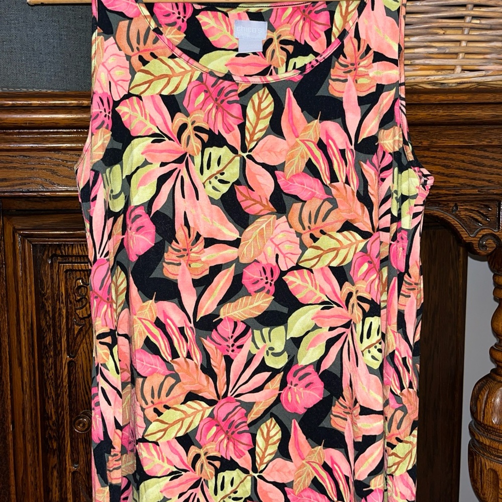 Chico's Tropical Leaf Print Tank Top - Black with Pink, Coral & Lime